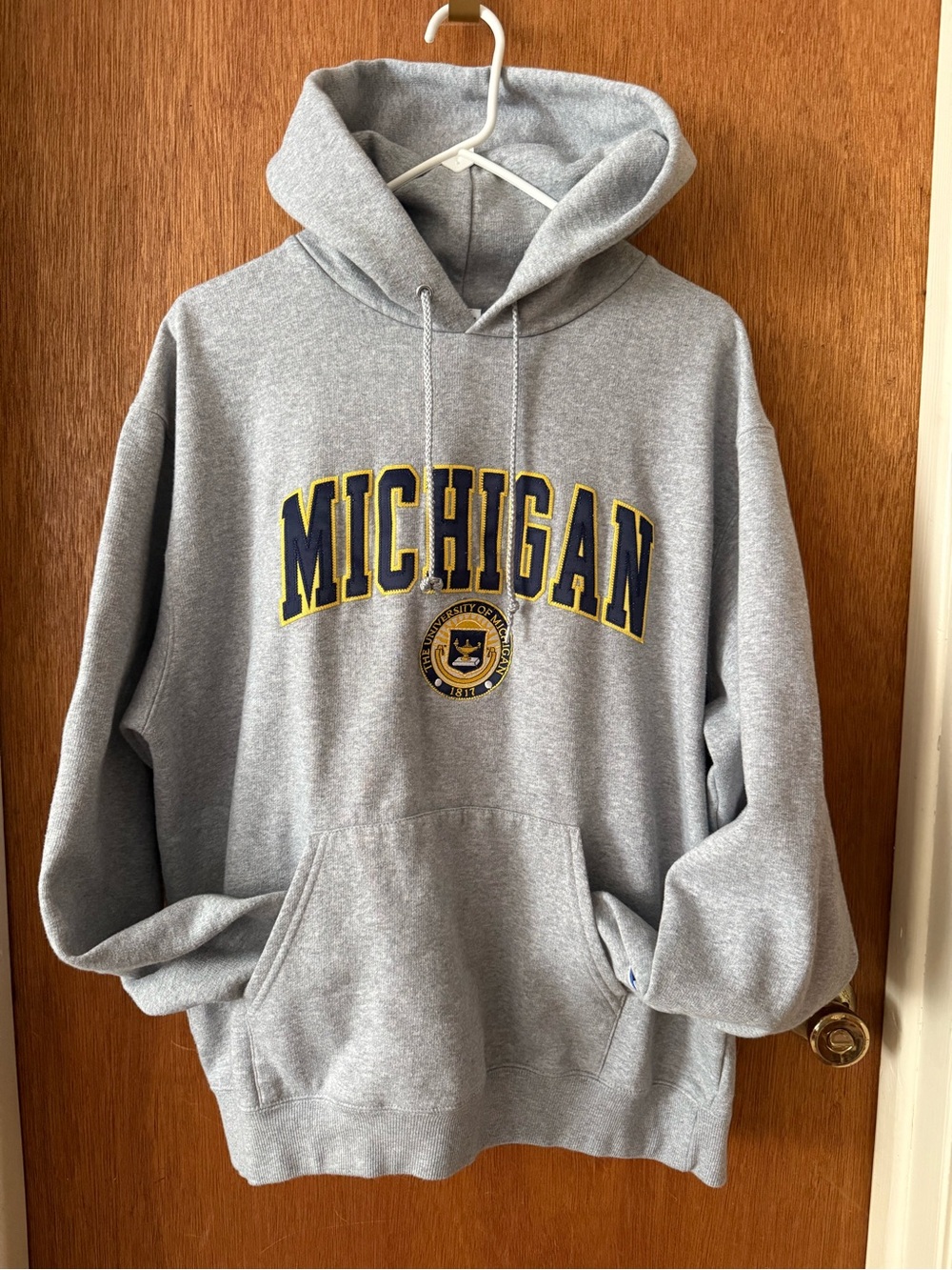 Champion Gray Crewneck Sweatshirt with Navy and Yellow Michigan Script